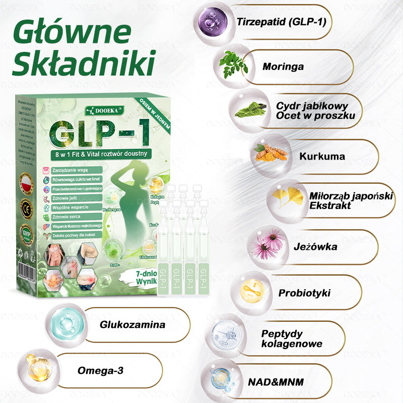 👨‍⚕‍DOOEKA® GLP-1 8 w 1 Fit & Vital roztwór doustny – Raz dziennie, widoczne zmiany w ciągu 7 dni / W przypadku otyłości, zdrowia serca i układu krążenia, cukrzycy, bezdechu sennego, zdrowia jelit, problemów ze stawami i wielu innych