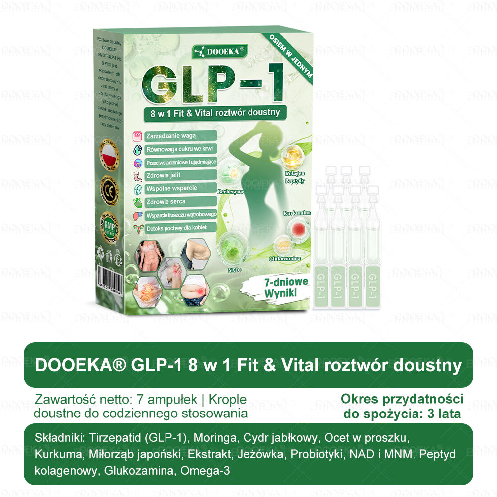 👨‍⚕‍DOOEKA® GLP-1 8 w 1 Fit & Vital roztwór doustny – Raz dziennie, widoczne zmiany w ciągu 7 dni / W przypadku otyłości, zdrowia serca i układu krążenia, cukrzycy, bezdechu sennego, zdrowia jelit, problemów ze stawami i wielu innych
