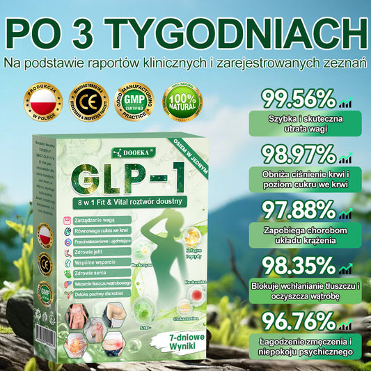 🌿DOOEKA® GLP-1 8 w 1 Fit & Vital roztwór doustny – Raz dziennie, widoczne zmiany w ciągu 7 dni / W przypadku otyłości, zdrowia serca i układu krążenia, cukrzycy, bezdechu sennego, zdrowia jelit, problemów ze stawami i wielu innych